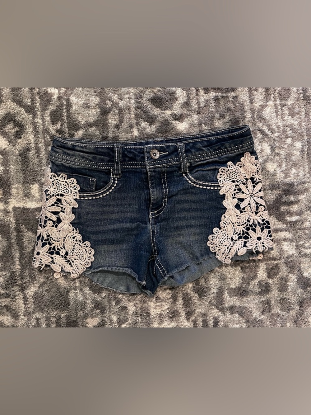 Imperial Star Girls Blue Denim Shorts with side Cream Crochet flowers
